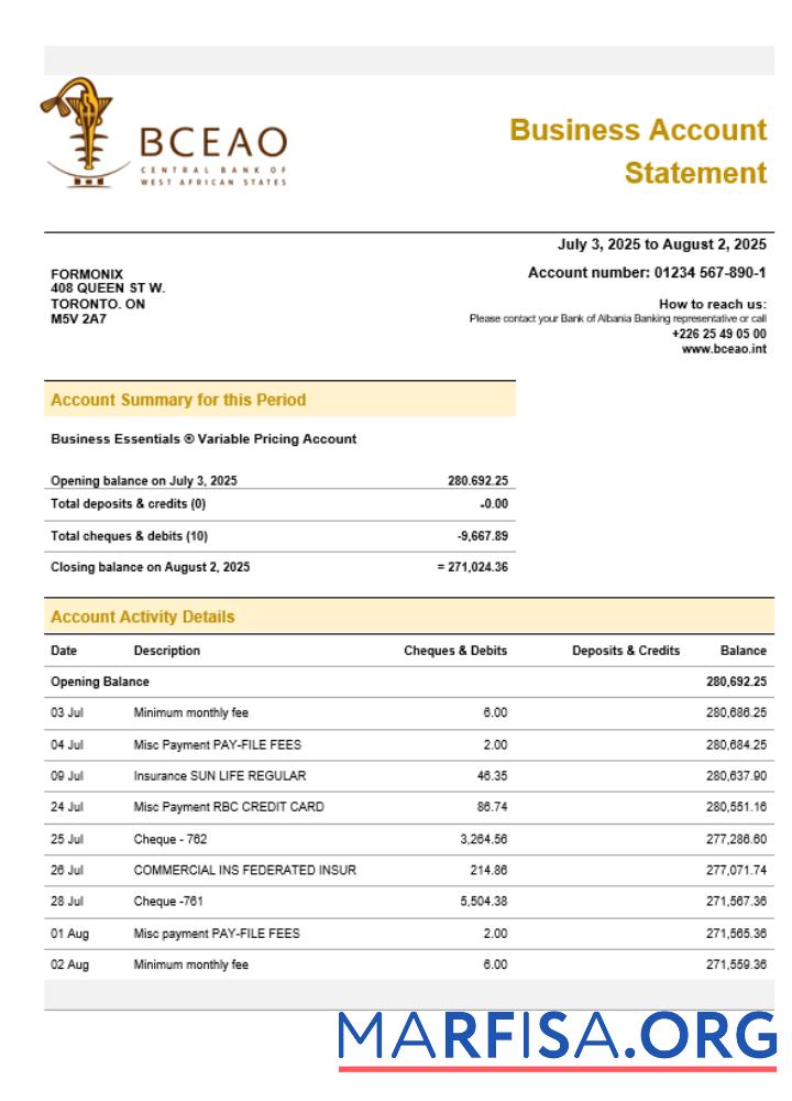Realistic The Central Bank of West African States organization checking account statement Word and PDF format sample